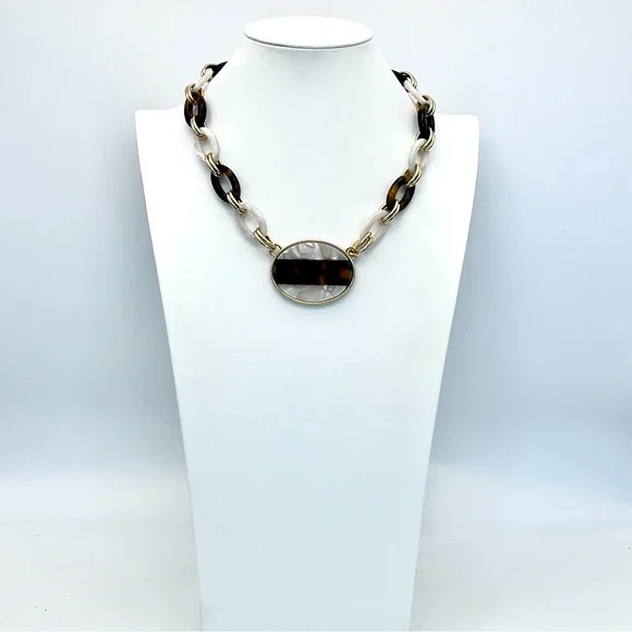 NEW Talbots Faux Tortoise+Shell Chain Link Statement Necklace